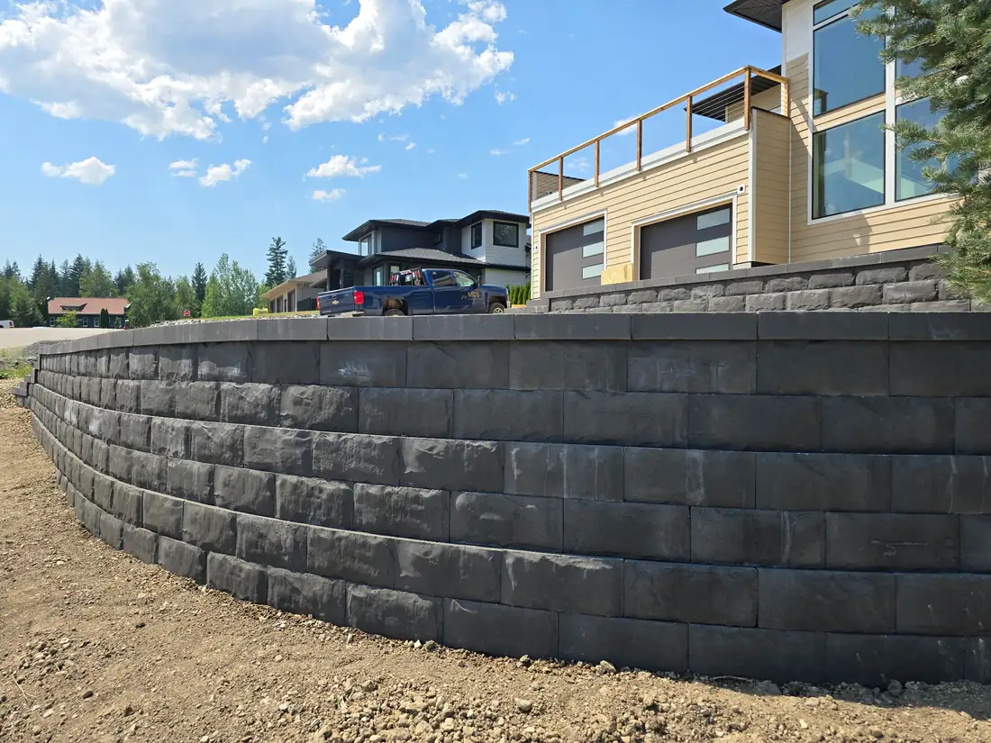 Charcoal engineered block retaining wall, Salmon Arm BC